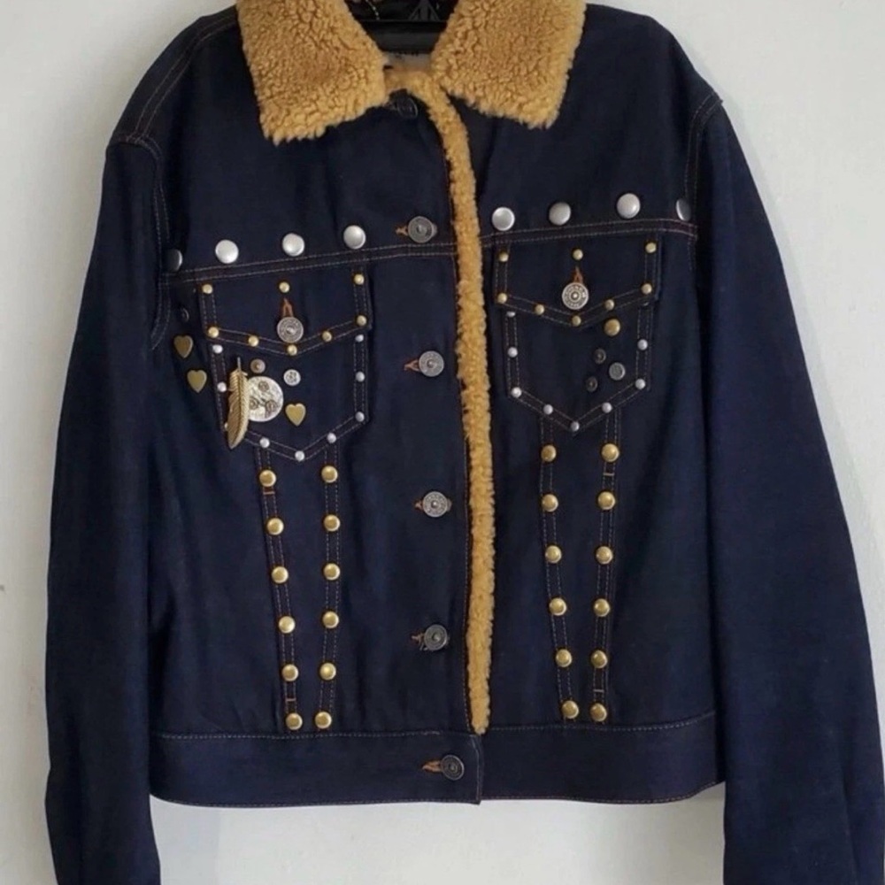 Coach Studded Denim Jacket with Shearling Collar-New